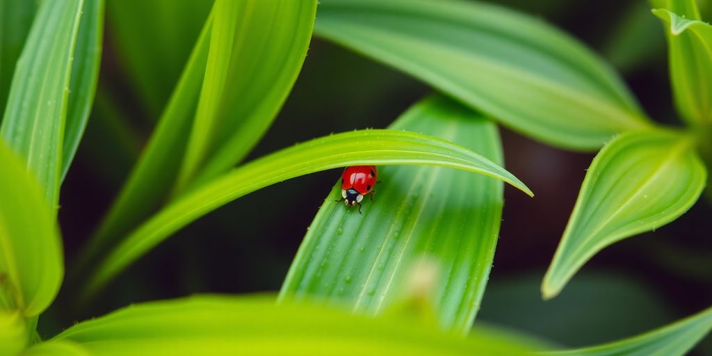 Green leaves with a ladybug on one leaf