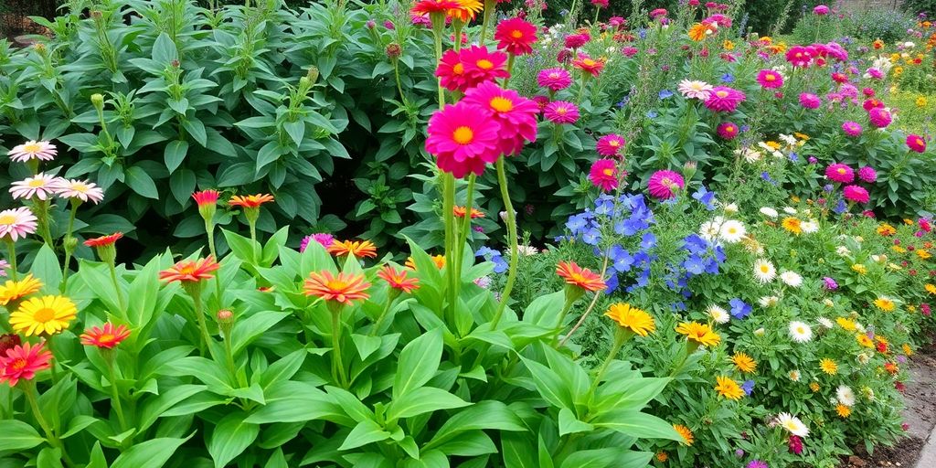 Lush, vibrant garden with colorful flowers and green foliage