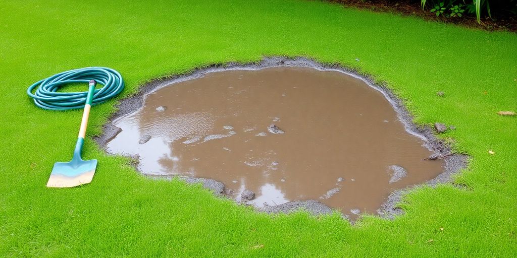 Water pooling on a green lawn after rain