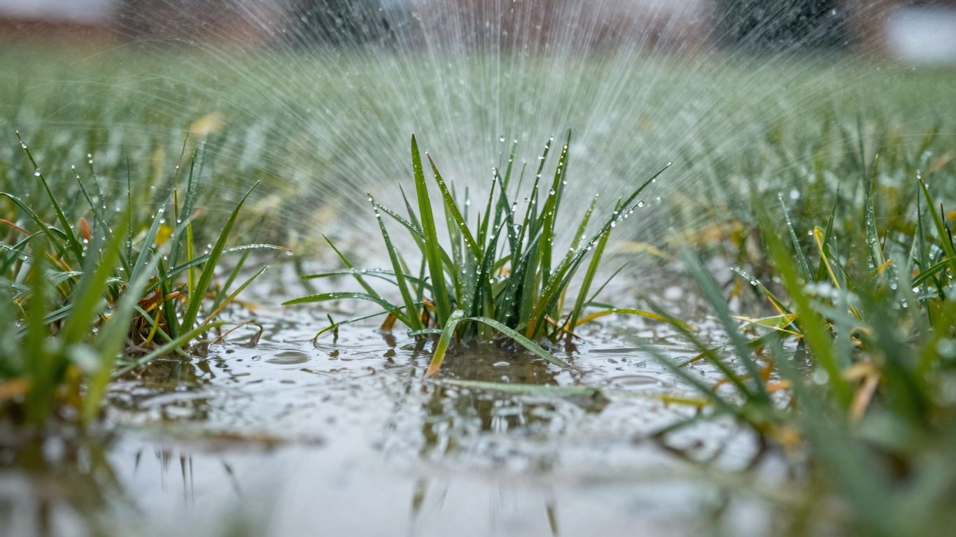 Winter lawn watering in North Carolina, green grass with water droplets