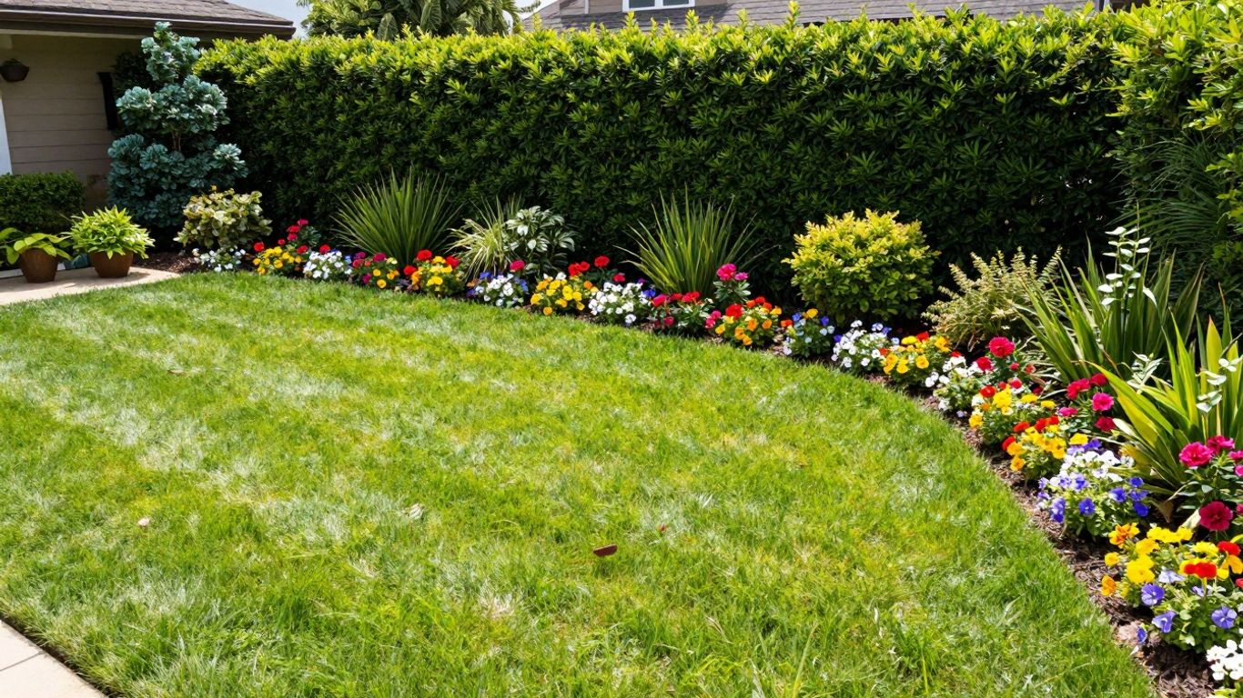 Beautifully manicured residential lawn with colorful flowers and shrubs.