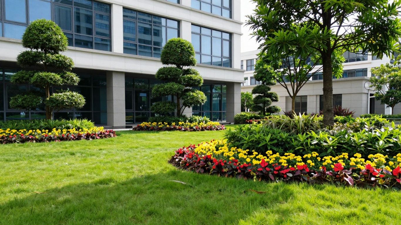 Commercial property with lush landscaping and modern building.