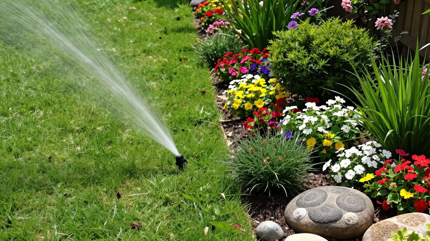 Lush lawn next to a colorful garden with flowers.