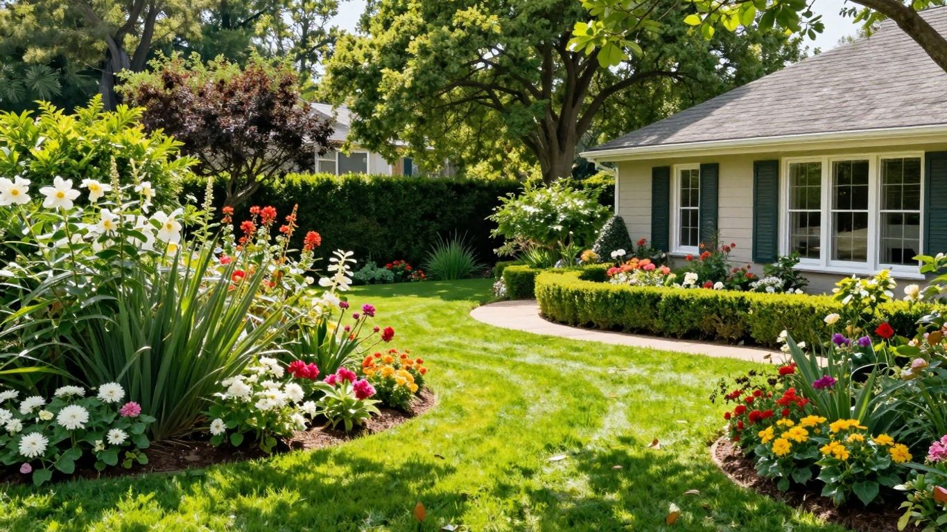 Beautifully landscaped garden with flowers and green lawn.