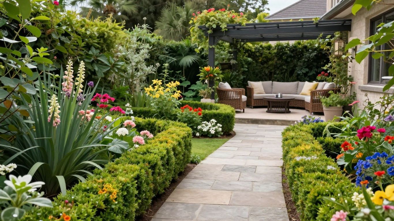 Beautifully landscaped garden with flowers, plants, and patio.